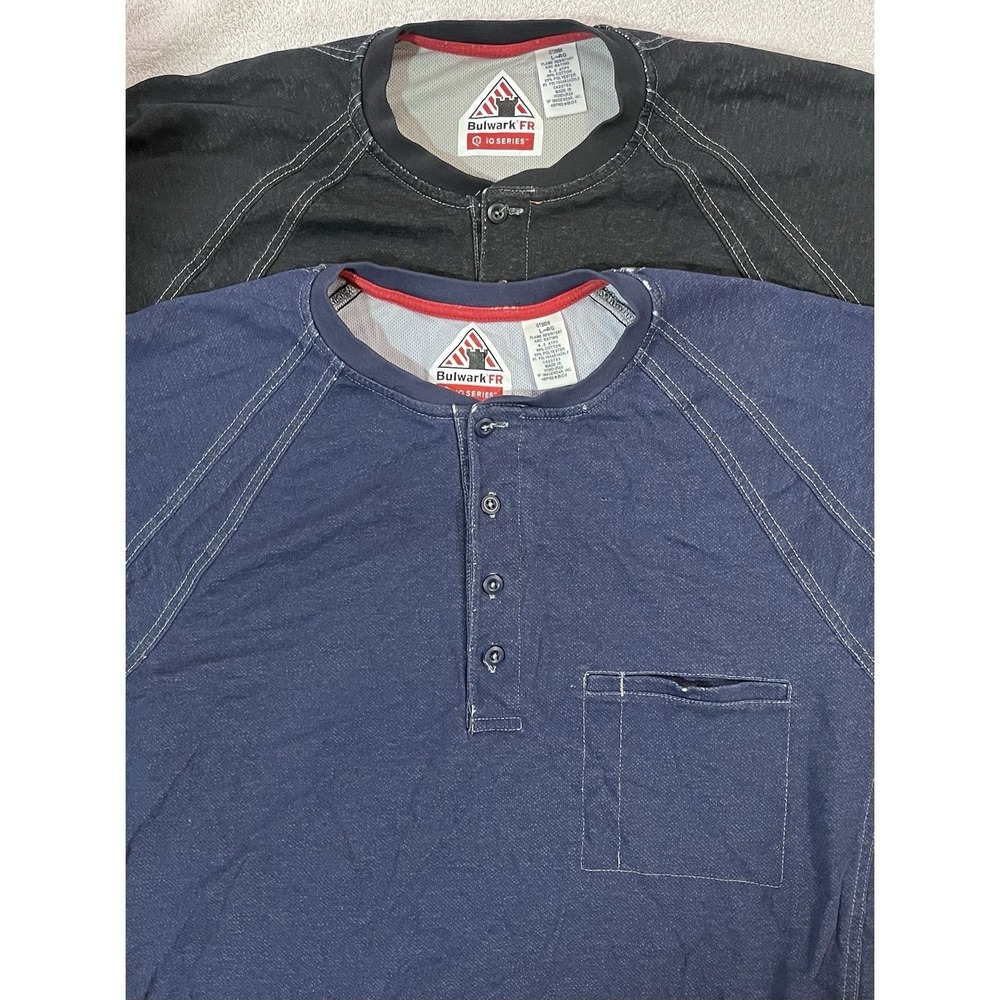 2 Bulwark FR iQ Series Flame Resistant Black Work Henley L-RG Black Navy Blue